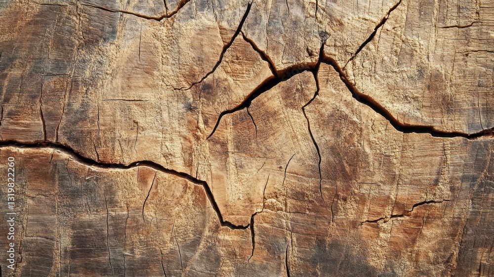 Poster Cracks and grooves dance across the surface of an old tree trunk, revealing the intricate patterns carved by time and nature, warmly illuminated by soft sunlight