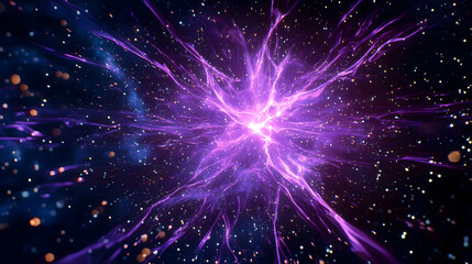 Naklejka premium Abstract Purple Energy Burst With Glowing Center and Cosmic Particles in Deep Dark Space
