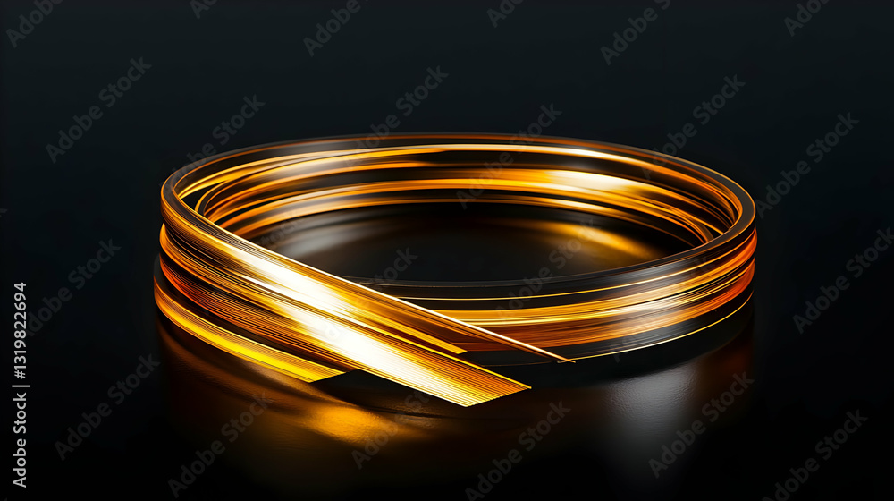 Poster abstract golden ring rotating 3d rendered digital art with dark studio background on high glossy sur