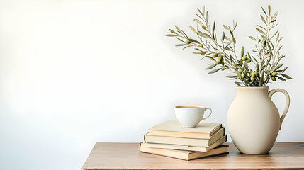 Still Life of Olive Branch in Ceramic Jug with Coffee Mug and Stack of Books on Rustic Wooden Table Against White Background in Natural Light