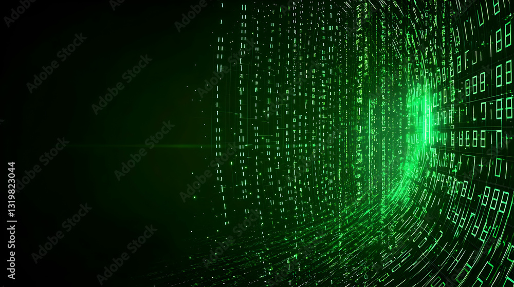 Poster green digital matrix data displayed against a dark background with light streaks suggesting data flo