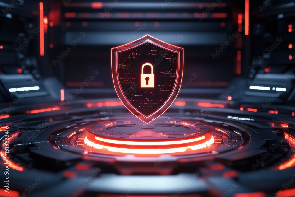 Poster digital security graphic design featuring a lock symbol within a futuristic interface