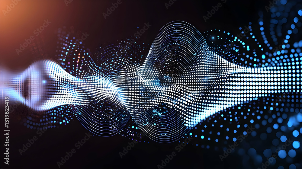 Poster abstract digital waveform with blue and white glowing particles on dark background displaying techno