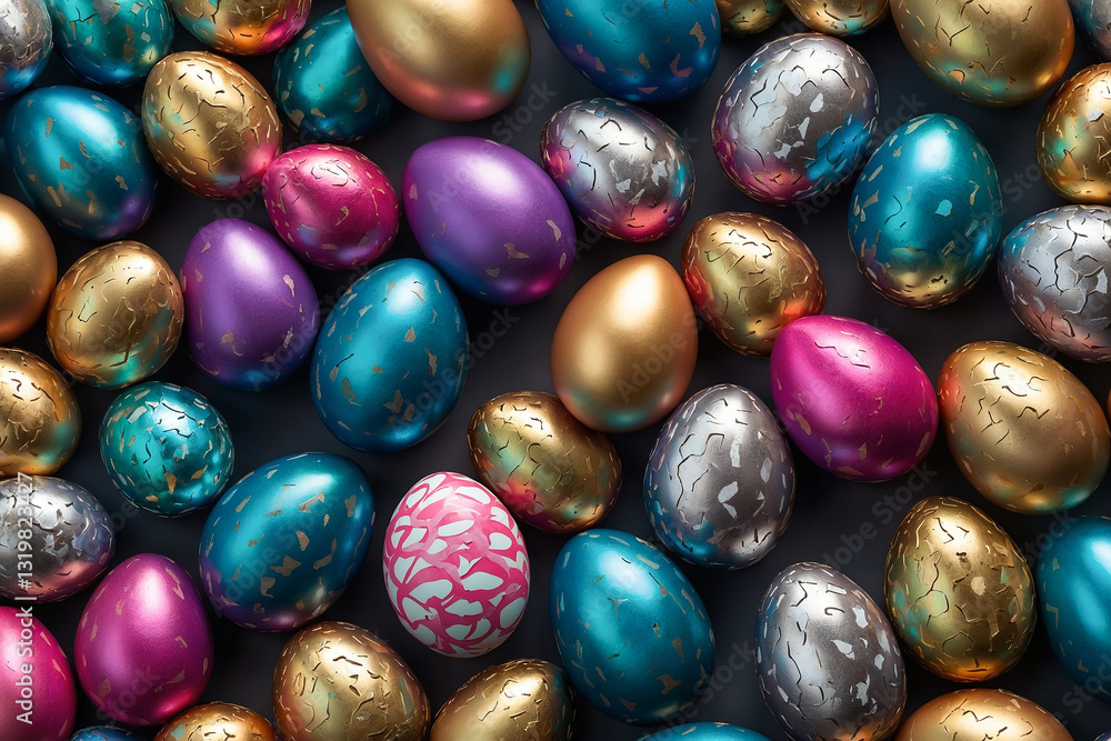 Poster easter eggs with metallic and glossy textures arranged in a pattern