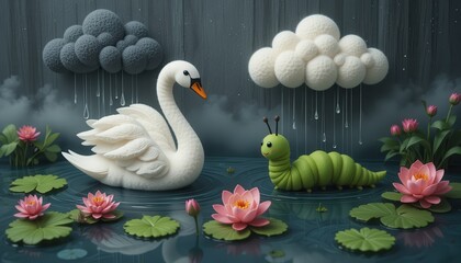 Serene Swan and Caterpillar in Rain Whimsical Pond Scene with Clouds and Lilies