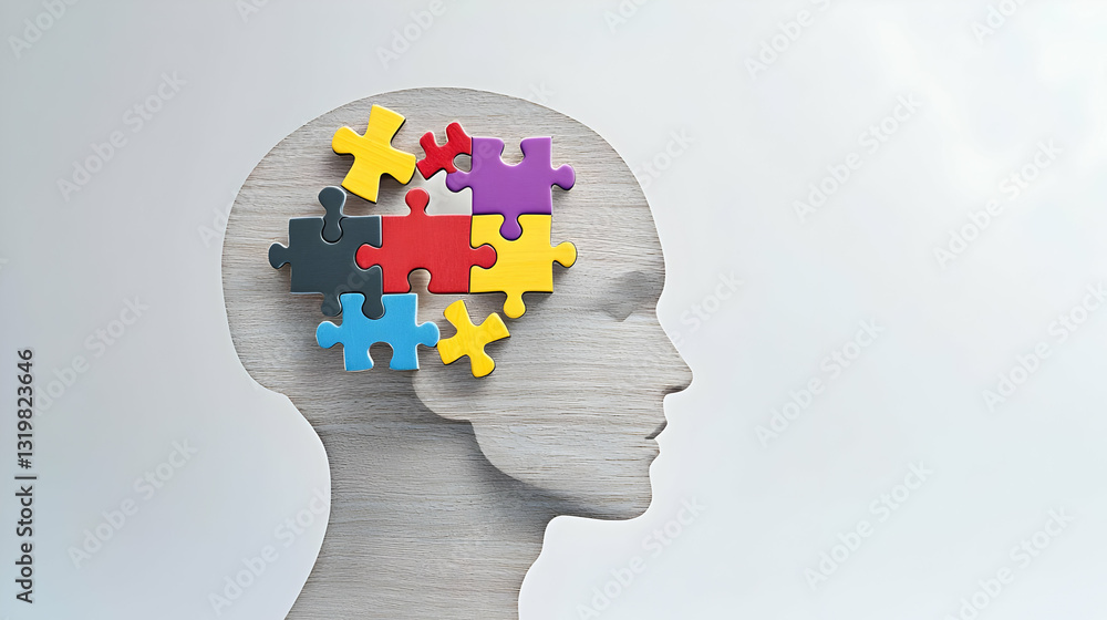 Poster grey human head with colorful puzzle pieces in bright white background representing concepts of prob
