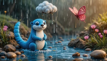 Adorable Blue Otter Under Rainy Cloud Near Water in Nature Scene