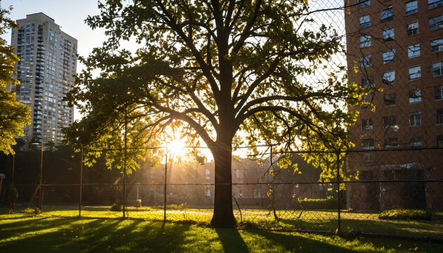 Le soleil se couche derri&egrave;re un arbre dans un parc urbain