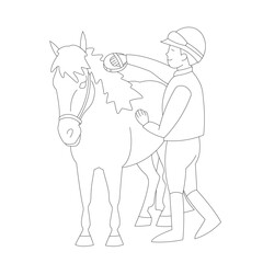 Young rider brushing a horse's mane in a simple black and white line drawing style