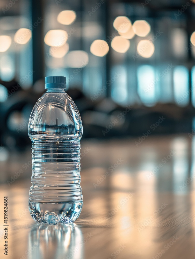 Poster minimalist transparent water bottle stands ready in a gym with a softly blurred background and clean