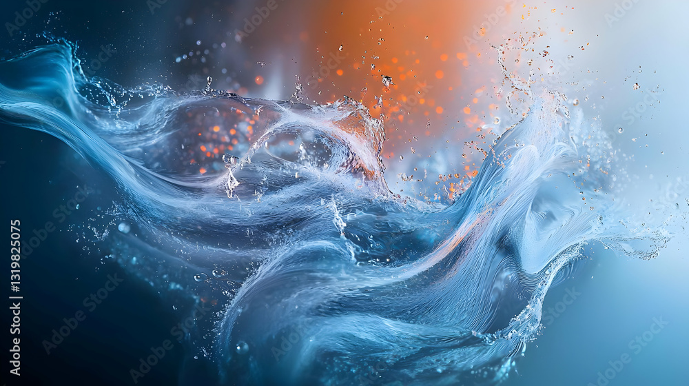 Poster dynamic swirling abstract blue orange particles in motion on a dark background with a futuristic dig