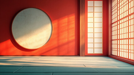 Fototapeta premium Zen Japanese Interior with Light. Japanese style room with tatami mats, shoji screen doors, and a round window in the red wall, bathed in warm sunlight.