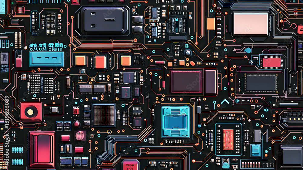 Poster intricate circuit board design with neon hues displays complex system connections and technological 