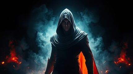 A cloaked figure stands confidently surrounded by swirling smoke and flickering flames during twilight exhibiting an aura of mystery and power