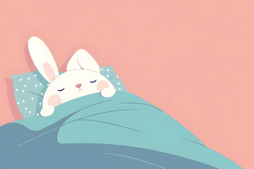 Adorable White Rabbit Sleeping Peacefully Under Blue Blanket on Pink Background Illustration