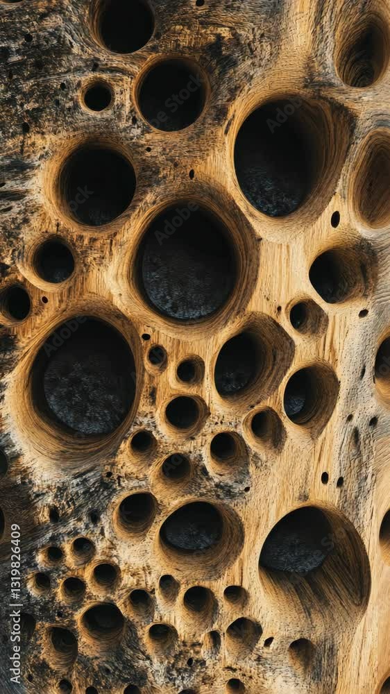 Poster unique textured surface of weathered wood with circular patterns captured in natural light