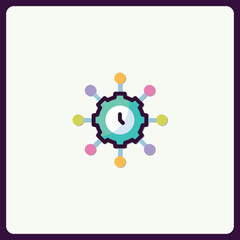 Networked efficiency symbol with clock gears and multicolored data points icon