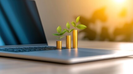 Financial Growth and Investment:  Visualizing prosperity with a laptop and golden bars representing upward growth and the flourishing of investments.