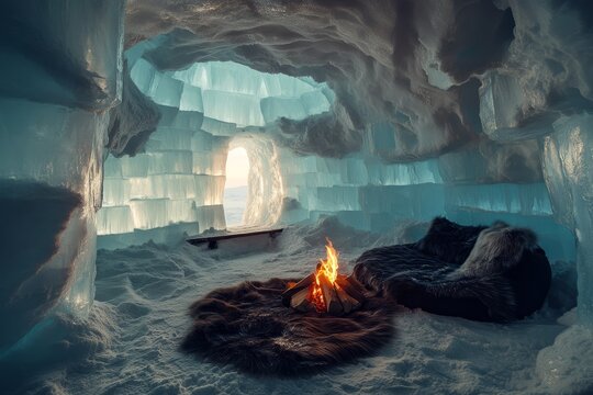 Frozen shelter,icy igloo,snow igloo,ice house.A close-up interior view of an igloo, showing warm furs, a small fire pit, and light streaming through the translucent ice blocks