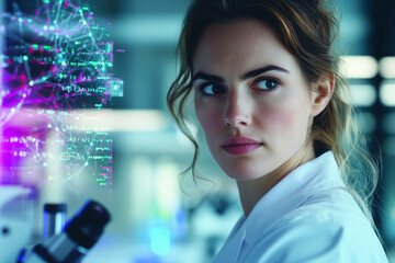 Obraz premium A female scientist is looking at data while using a microscope in a laboratory. The image shows innovation, technology, and science.