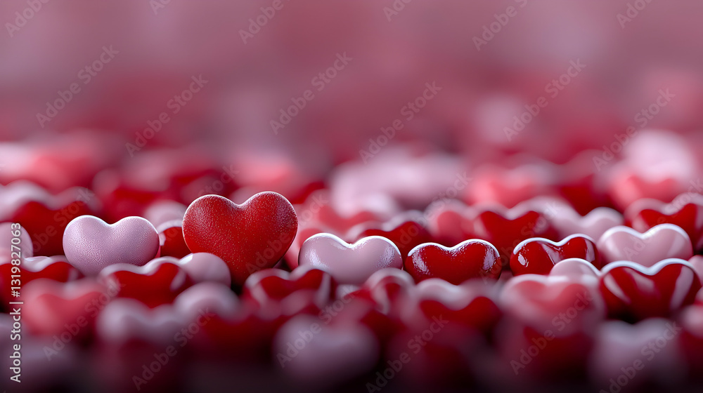 Poster 3d render of glossy red pink and white hearts scattered on a surface with soft focus and shallow dep