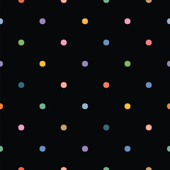 Multicolor Polka Dot Pattern Seamless, Black Background, Kawaii Style