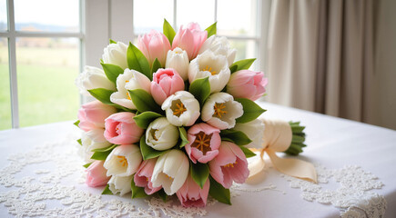 Delicate bridal bouquet of pink and white tulips on elegant table with copy space