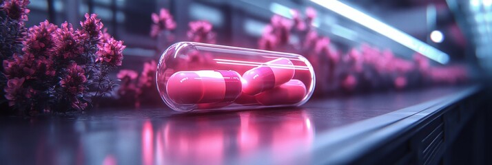 Vibrant graphic layouts showcasing pink capsules amidst a neon floral arrangement for advertising
