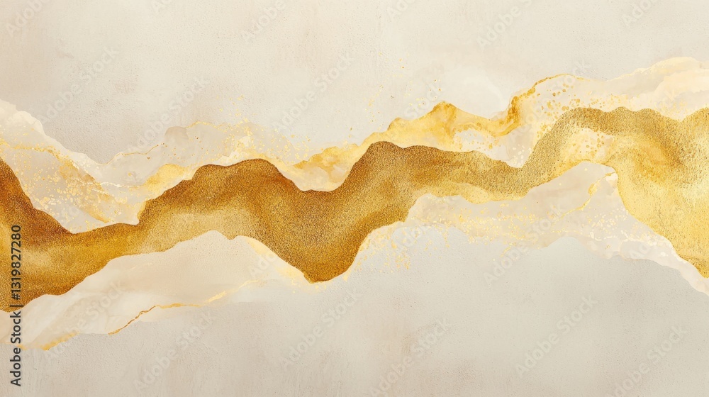 Poster a captivating abstract design features flowing golden waves against a soft light background. the tex
