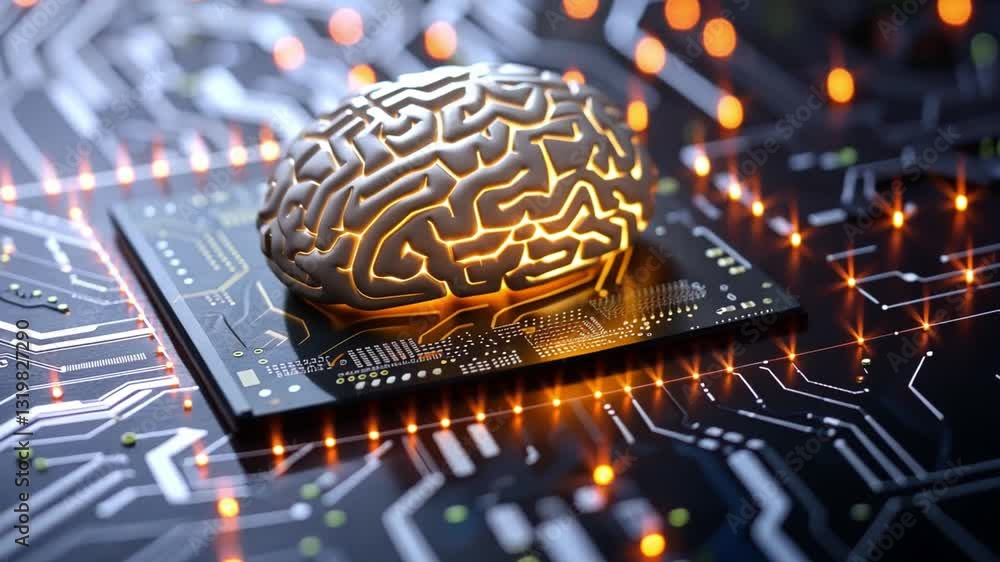Poster glowing brain model on microchip symbolizing artificial intelligence and technology integration with