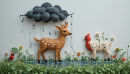 Charming Deer and Bird in Rainy Meadow Whimsical Felt Animal Art