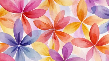 Brightly colored flowers in shades of pink, purple, orange, and yellow spread across the canvas, creating an energetic and cheerful pattern. The watercolor effect adds a soft and inviting feel