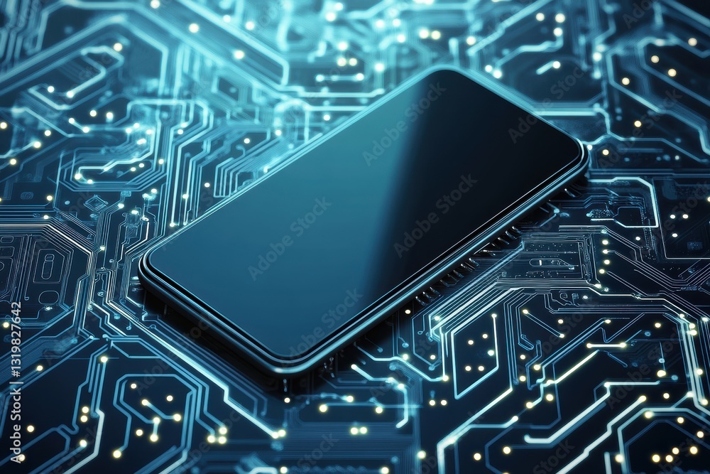 Poster modern smartphone resting on intricate circuit board design in a technology-themed setting