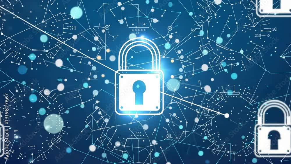 Poster glowing padlock symbol surrounded by network of digital connections cybersecurity, data protection, 