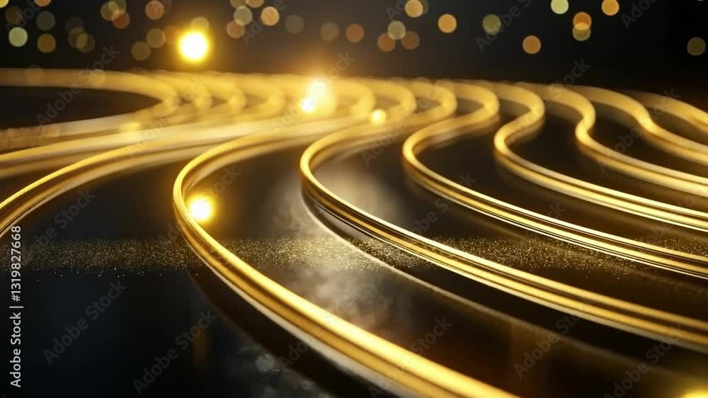 Poster mesmerizing abstract golden light trails curve gracefully against dark background with glowing lines