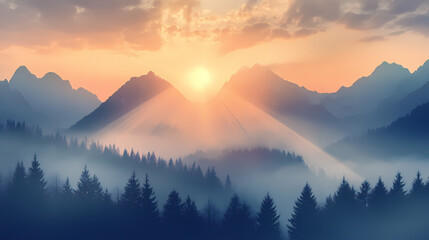 Obraz premium Radiant rays piercing the veil of fog in the mountains, peak, beam, landscape. Radiant Veil. Illustration