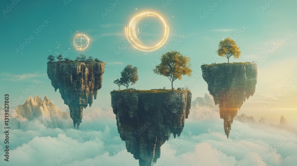 Poster floating islands with portals to different virtual worlds in a breathtaking metaverse landscape