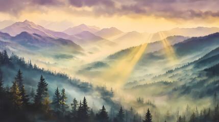 Obraz premium Radiant rays piercing the veil of fog in the mountains, peak, serene. Radiant Veil. Illustration