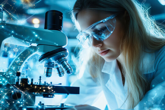 Focused Scientist using a Microscope in a cutting-edge laboratory.  Medical breakthroughs and scientific research. Discoveries and innovation in science and technology.