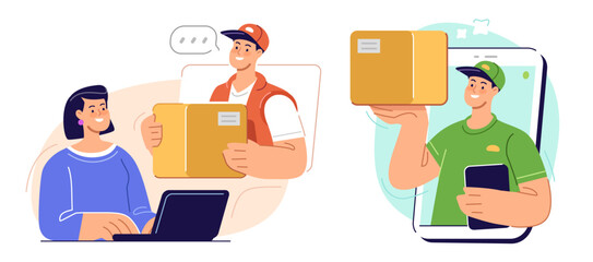 Woman using internet orders parcel from courier. Delivery service, online store concept. Vector illustration