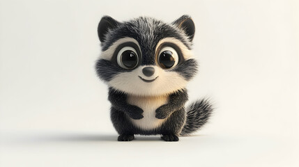 Fototapeta premium Charming Cartoon Raccoon Covered in Snowflakes on White Background with Playful Expression and Detailed Fur Texture and Soft Lighting