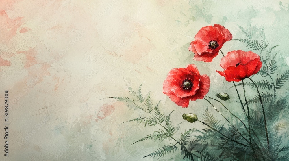 Poster red poppies with delicate petals are artistically arranged with green ferns, creating a tranquil bot