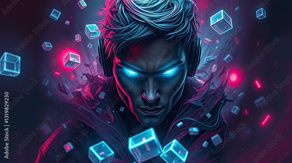 Poster A futuristic character stands amidst floating neon cubes displaying intense glowing eyes. The vibrant colors create a captivating cyberpunk atmosphere