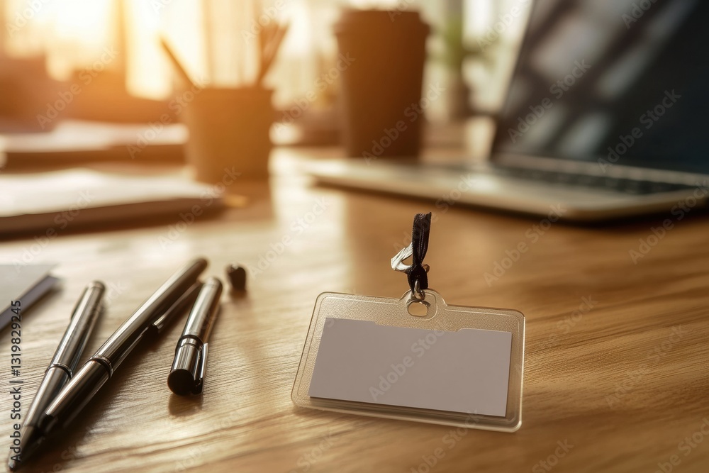 Aufkleber Clean work badge positioned on a wooden desk with office accessories and warm ambient light creating a productive atmosphere