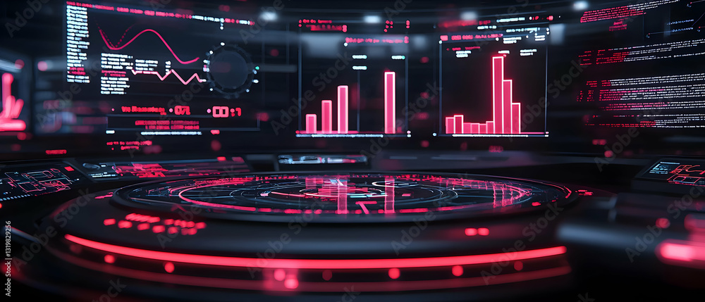 Poster futuristic data analysis dashboard with red and black accents showing charts graphs and key performa