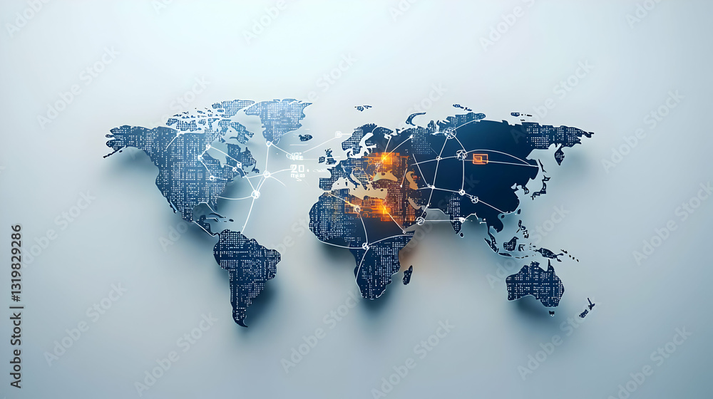 Poster abstract world map illuminated with digital network of lights and data on blue background