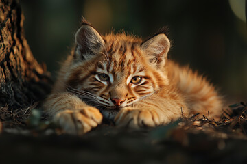 Obraz premium Close-up of an Adorable Bobcat Kitten in its Natural Habitat. This captivating wildlife image showcases the beauty of this young wildcat in a serene forest setting.