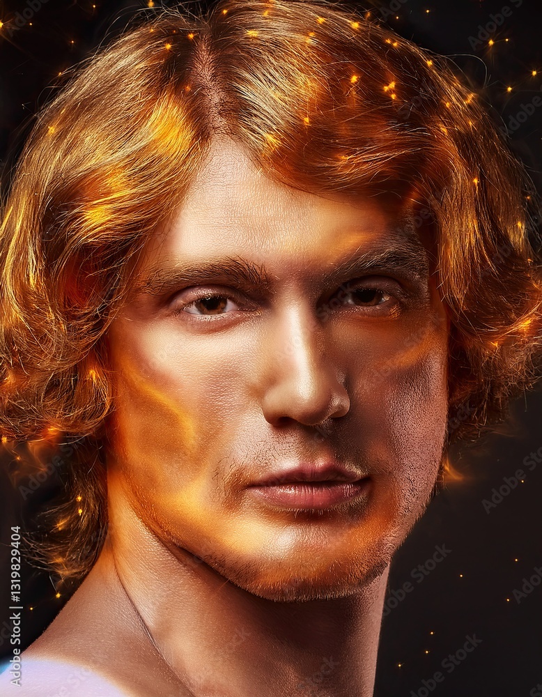Poster mystical portrayal of a figure illuminated by firefly amber aura in a captivating digital realm