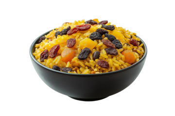 Azerbaijani plov saffron rice with dried fruits isolated on transparent white background