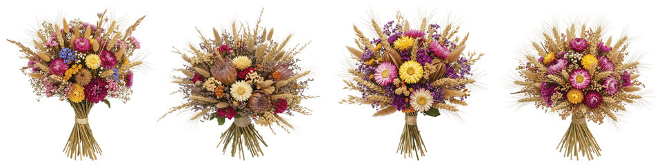 Four vibrant bouquets of dried flowers and wheat stalks, featuring a mix of colorful blooms and grasses tied with natural twine,  isolated on transparent background.